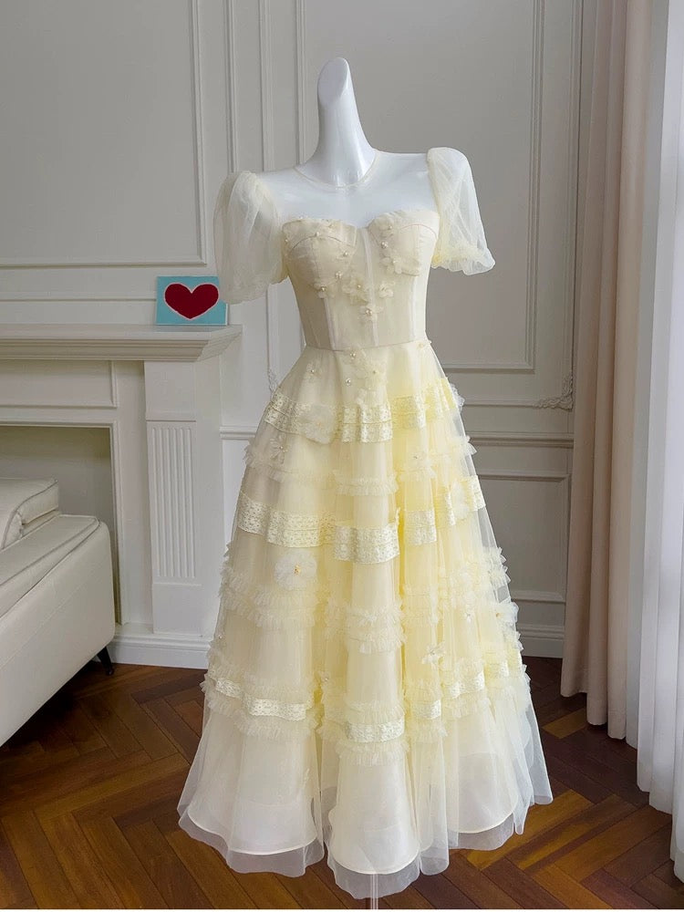 Modest A Line Scoop Neckline Yellow Lace Homecoming Dresses Birthday Outfits With Beads C2228