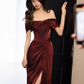 Modest Mermaid Off The Shoulder Shiny Satin Burgundy Long Prom Dresses C222