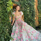 Modest A Line Square Neckline Short Sleeves Lace Floral Pink Long Length Prom Dress Formal Dresses C2248