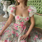 Modest A Line Square Neckline Short Sleeves Lace Floral Pink Long Length Prom Dress Formal Dresses C2248