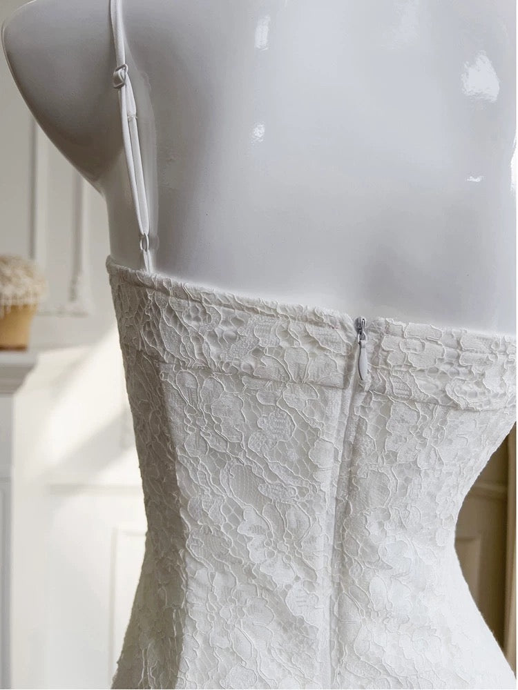 Robe de soirée courte en dentelle blanche à bretelles spaghetti modestes, tenue d'anniversaire C2255