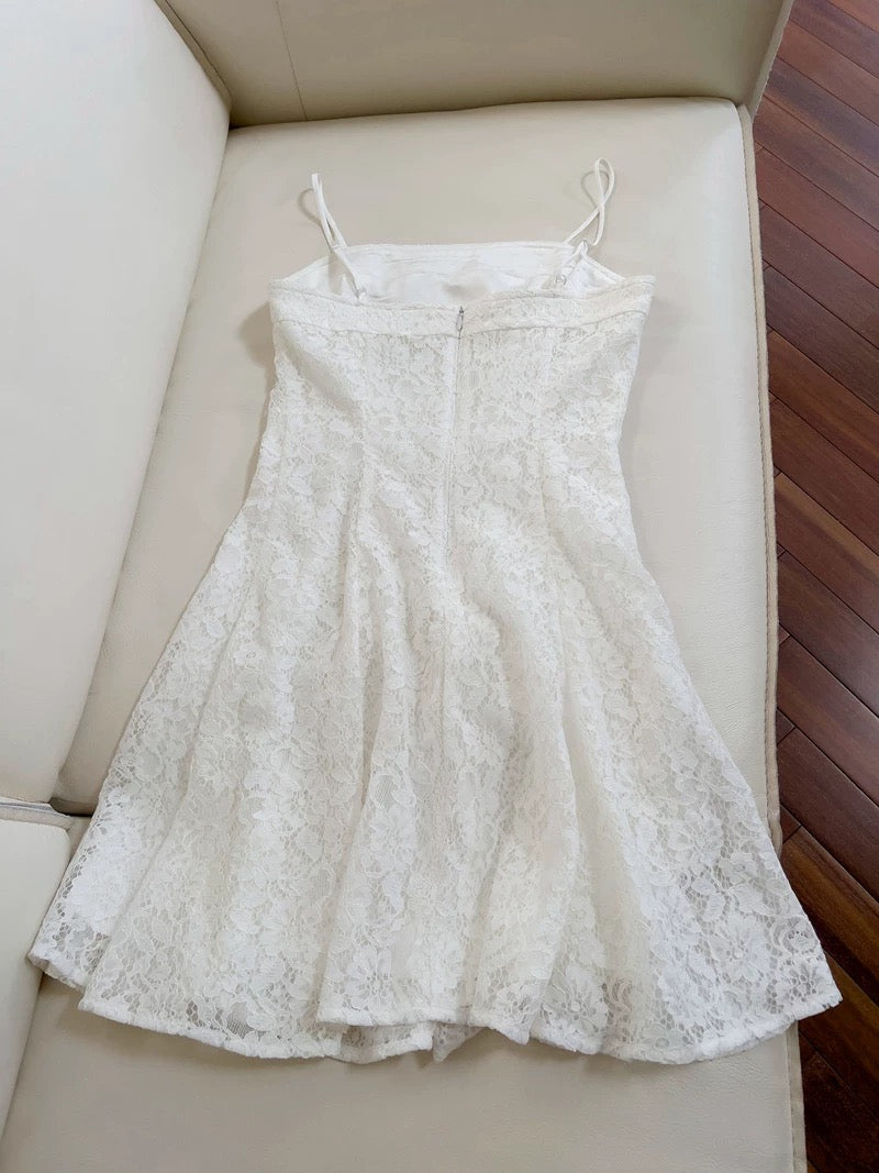 Robe de soirée courte en dentelle blanche à bretelles spaghetti modestes, tenue d'anniversaire C2255