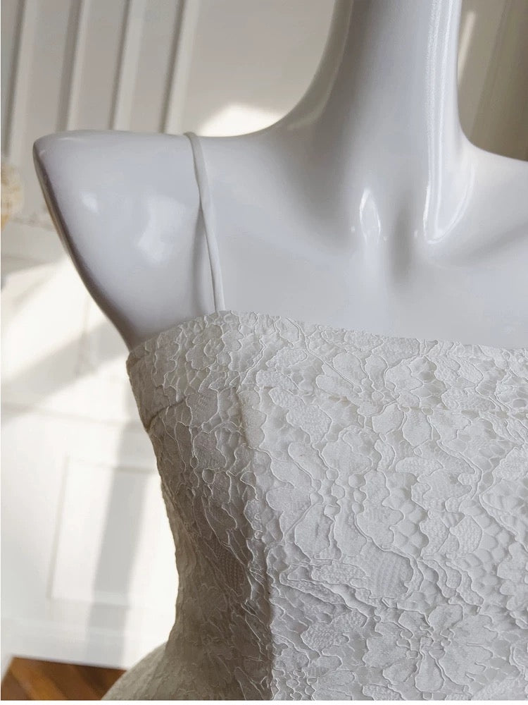 Robe de soirée courte en dentelle blanche à bretelles spaghetti modestes, tenue d'anniversaire C2255