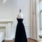 Modest A line Spaghetti Straps Black Velvet Pearls Prom Dress Formal Dresses C2273