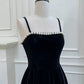 Modest A line Spaghetti Straps Black Velvet Pearls Prom Dress Formal Dresses C2273