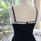 Modest A line Spaghetti Straps Black Velvet Pearls Prom Dress Formal Dresses C2273