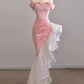 Sexy Mermaid Off The Shoulder Velvet Pink Long Prom Dresses Birthday Outfits C227