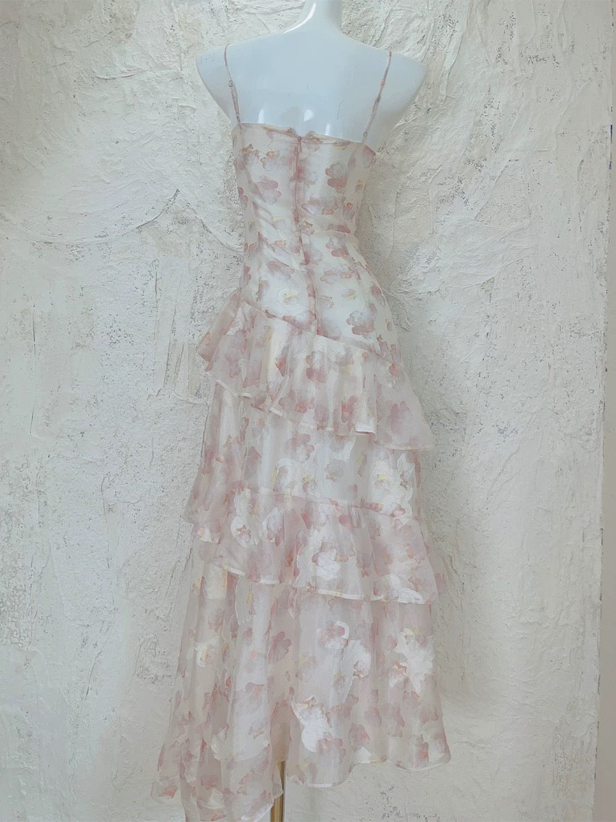Modest A Line Straps Chiffon Long Pink Floral Prom Dress Evening Dresses C2304
