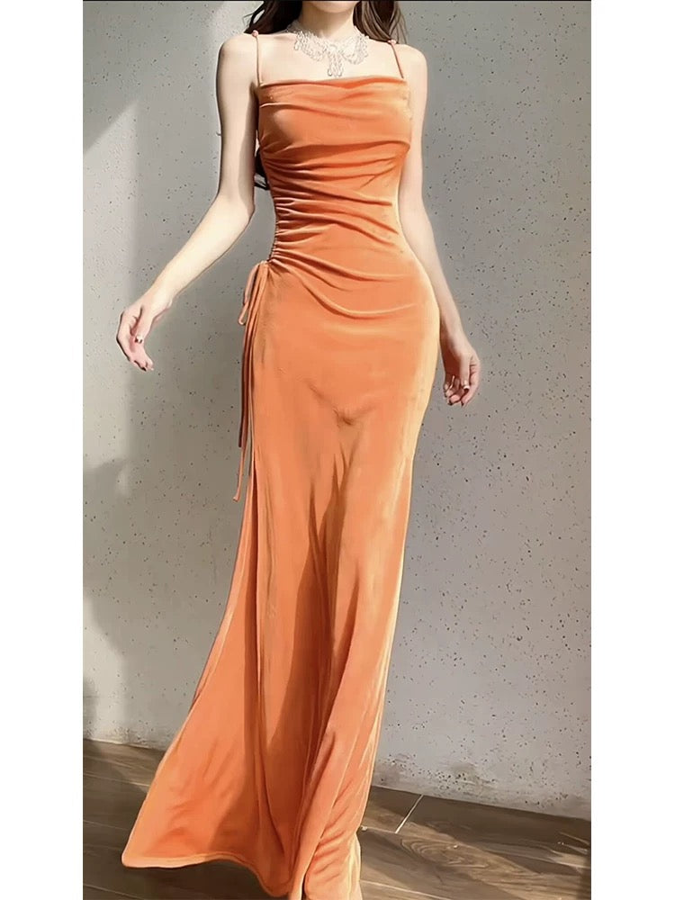 Modest Sheath Spaghetti Straps Velvet Long Organge Prom Dress Evening Dresses C2305