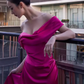 Robe de bal longue rose en Satin, Sexy, épaules dénudées, tenue d'anniversaire, C230