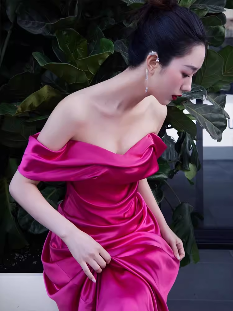Robe de bal longue rose en Satin, Sexy, épaules dénudées, tenue d'anniversaire, C230