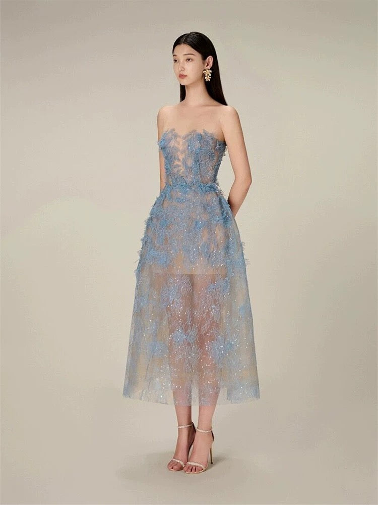 Modest A line Scoop Neckline Lace Blue Prom Dress Evening Dresses C2312