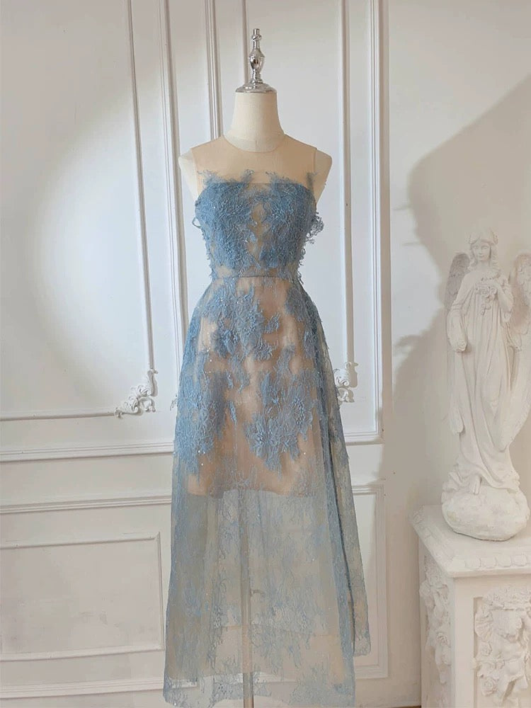 Modest A line Scoop Neckline Lace Blue Prom Dress Evening Dresses C2312