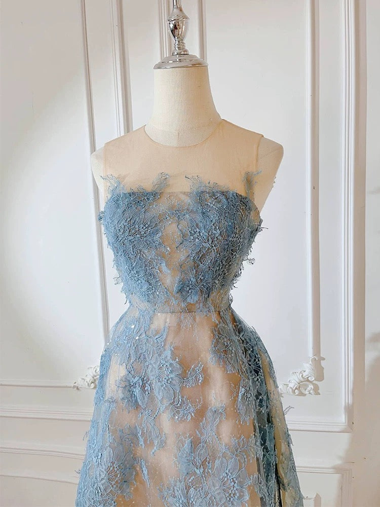 Modest A line Scoop Neckline Lace Blue Prom Dress Evening Dresses C2312