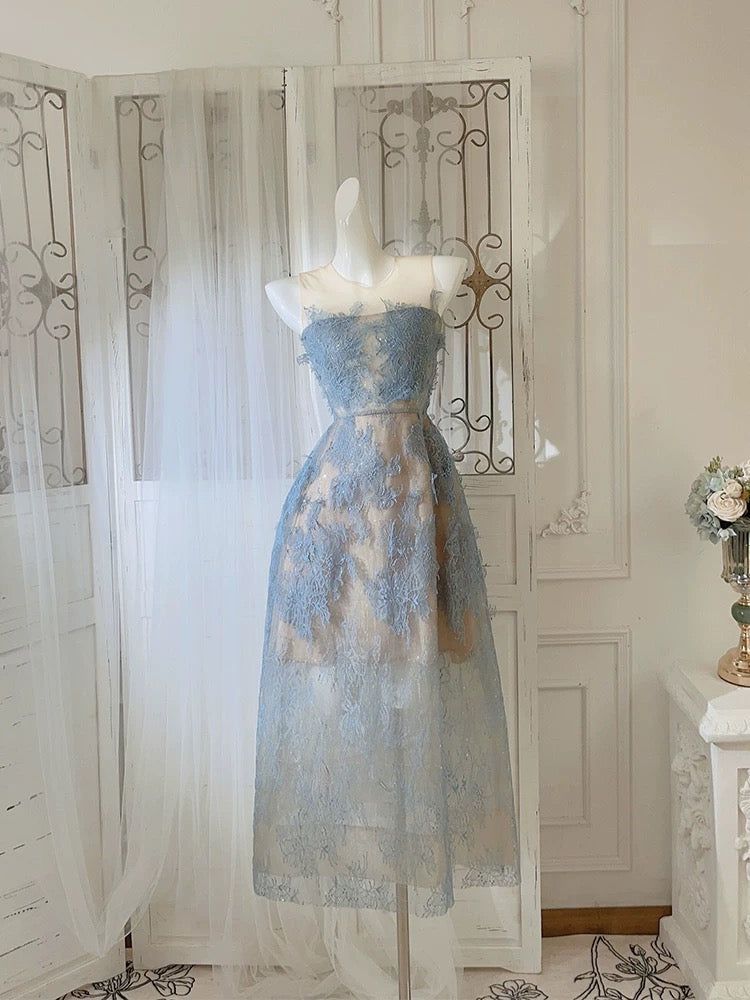 Modest A line Scoop Neckline Lace Blue Prom Dress Evening Dresses C2312
