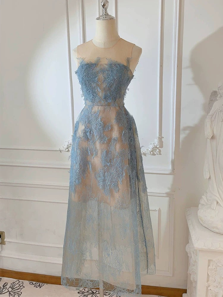 Modest A line Scoop Neckline Lace Blue Prom Dress Evening Dresses C2312