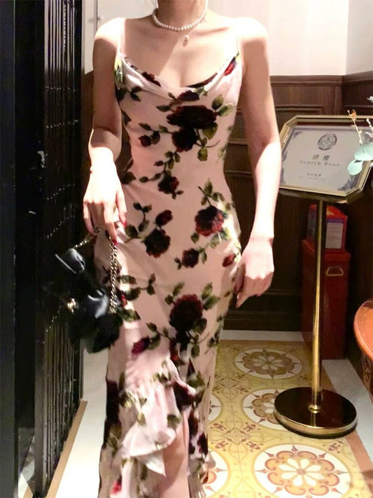 Robe de soirée longue à bretelles spaghetti et à volants, simple et florale, robe de bal C2316