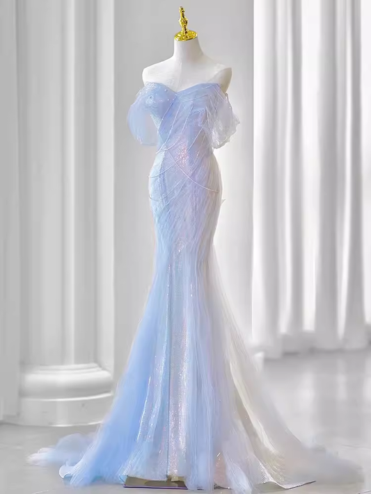 Sexy Mermaid Off The Shoulder Blue Long Prom Dresses Tulle Birthday Outfits C231