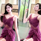 Modest Sheath Spaghetti Straps Lace Prom Dresses Ruffles Slit Evening Dress C2330