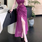 Modest Sheath Spaghetti Straps Lace Prom Dresses Ruffles Slit Evening Dress C2330