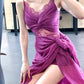 Modest Sheath Spaghetti Straps Lace Prom Dresses Ruffles Slit Evening Dress C2330