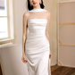 Gaine Sexy sans bretelles blanc longues robes de bal Satin fente tenues d'anniversaire C233