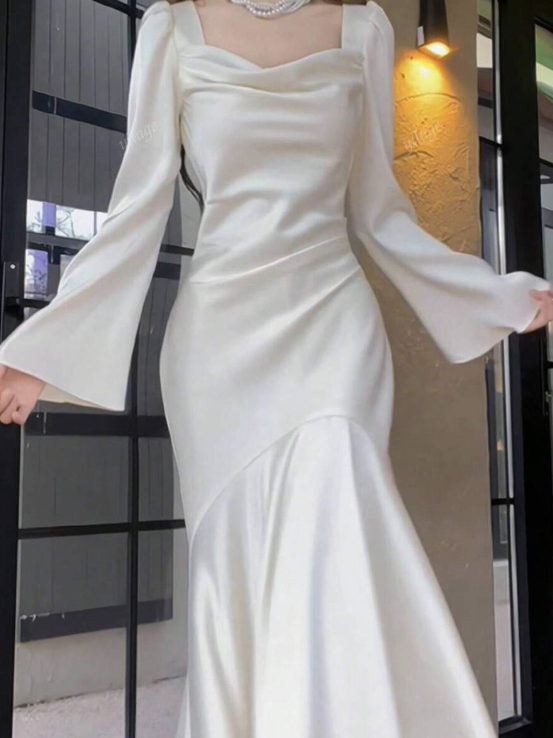 Robe de soirée sexy en satin de soie bleu ciel avec décolleté carré et jolie sirène C2341