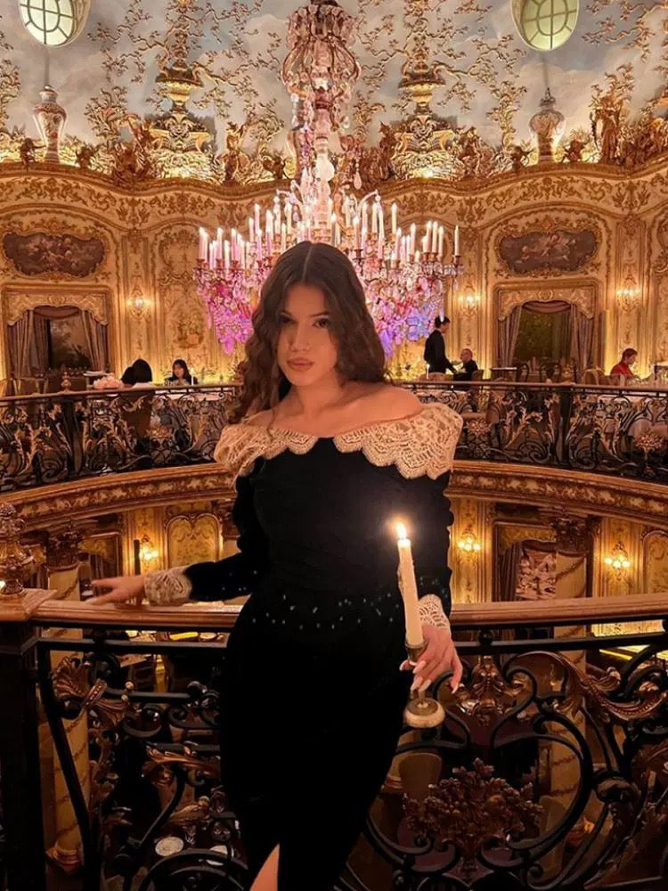 Pretty Sheath Off The Shoulder Black Velvet Lace Prom Dresses Sexy Evening Dress C2347