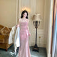 Pretty Mermaid Spaghetti Straps Sequin Pink Slit Long Prom Dresses C2366