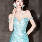 Sexy Mermaid Off The Shoulder Green Long Prom Dresses Sequin Birthday Outfits C236