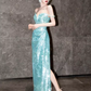 Sexy Mermaid Off The Shoulder Green Long Prom Dresses Sequin Birthday Outfits C236