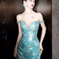 Sexy Mermaid Off The Shoulder Green Long Prom Dresses Sequin Birthday Outfits C236