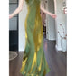 Jolie robe de bal longue verte à bretelles spaghetti C2375