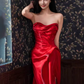 Sexy Mermaid Sweetheart Satin Long Prom Dresses Red Slit Birthday Outfits C238