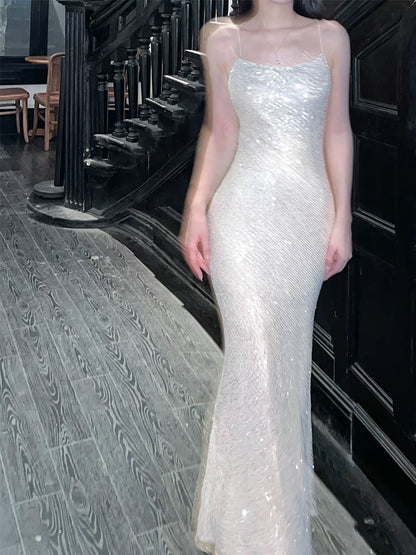 Robe de soirée sexy à paillettes et à col licou, jolie robe de bal longue C2391