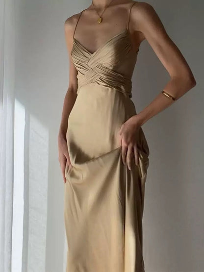 Pretty Mermaid Spaghetti Straps Champagne Long Prom Dresses Sexy Evening Dress C2394