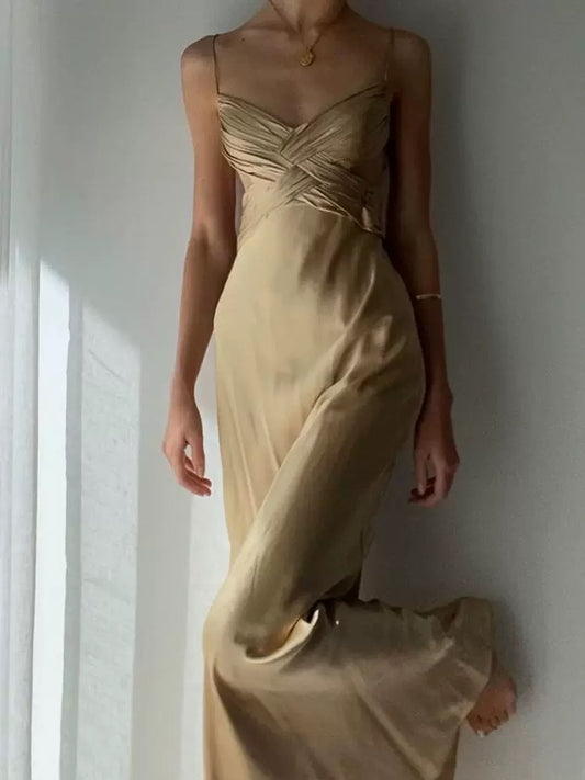 Robe de soirée sexy à bretelles spaghetti et jolie sirène Champagne longue robe de bal C2394