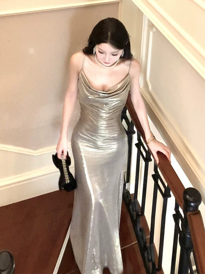 Robe de soirée longue à bretelles spaghetti et jolie sirène C2396