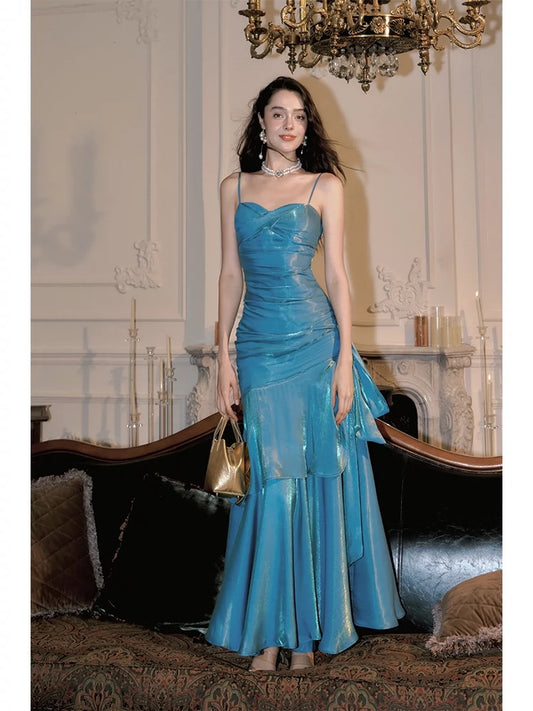 Robe de soirée longue bleue à bretelles spaghetti et sirène vintage sans manches C2398