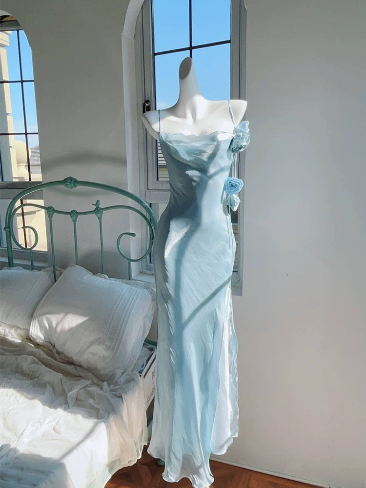 Pretty Mermaid Spaghetti Straps Light Sky Blue Long Prom Dresses Evening Dress C2399