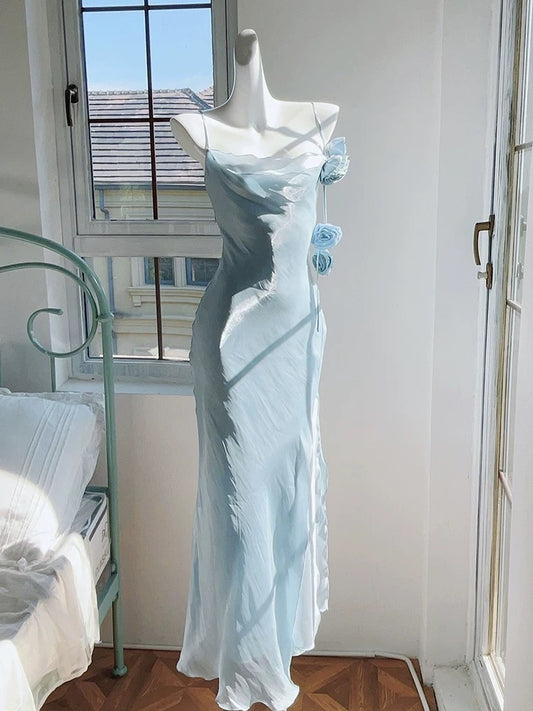 Robe de soirée longue sirène à bretelles spaghetti bleu ciel clair C2399