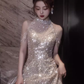 Sexy A Line High Neckline Sequin Long Prom Dresses Backless Birthday Outfits C239
