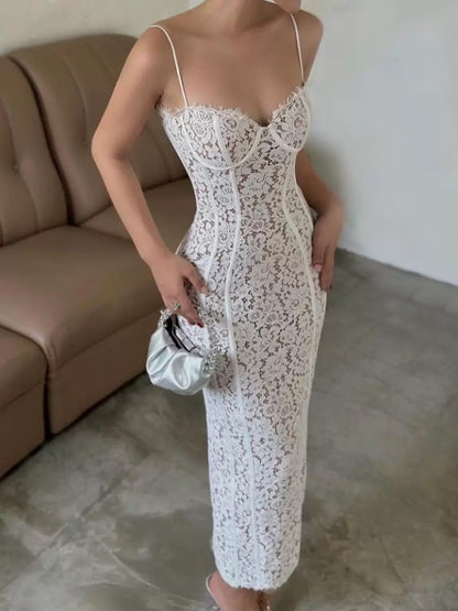 Robe de soirée sexy à bretelles spaghetti en dentelle blanche, longueur cheville, robe de bal, C2403