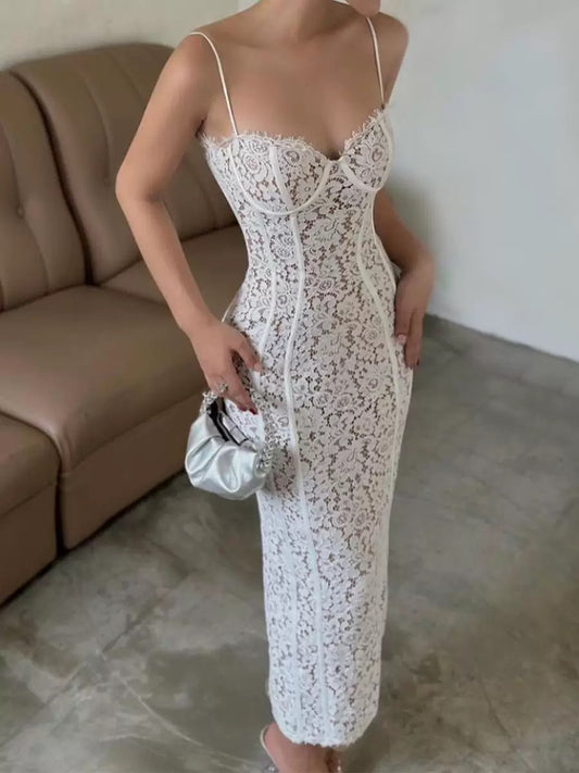 Robe de soirée sexy à bretelles spaghetti en dentelle blanche, longueur cheville, robe de bal, C2403