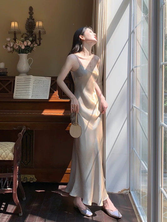 Robe de soirée sexy à bretelles spaghetti et longueur cheville Champagne C2404