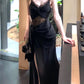 Robe de soirée noire à bretelles spaghetti et jolie robe de bal à la cheville C2406