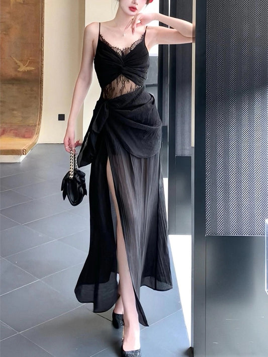 Robe de soirée noire à bretelles spaghetti et jolie robe de bal à la cheville C2406