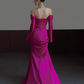 Sexy Mermaid Off The Shoulder Hot Pink Long Sleeves Prom Dresses Satin Birthday Outfits C240