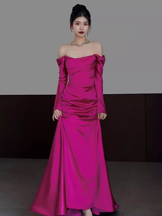 Sexy Mermaid Off The Shoulder Hot Pink Long Sleeves Prom Dresses Satin Birthday Outfits C240