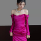 Sexy Mermaid Off The Shoulder Hot Pink Long Sleeves Prom Dresses Satin Birthday Outfits C240